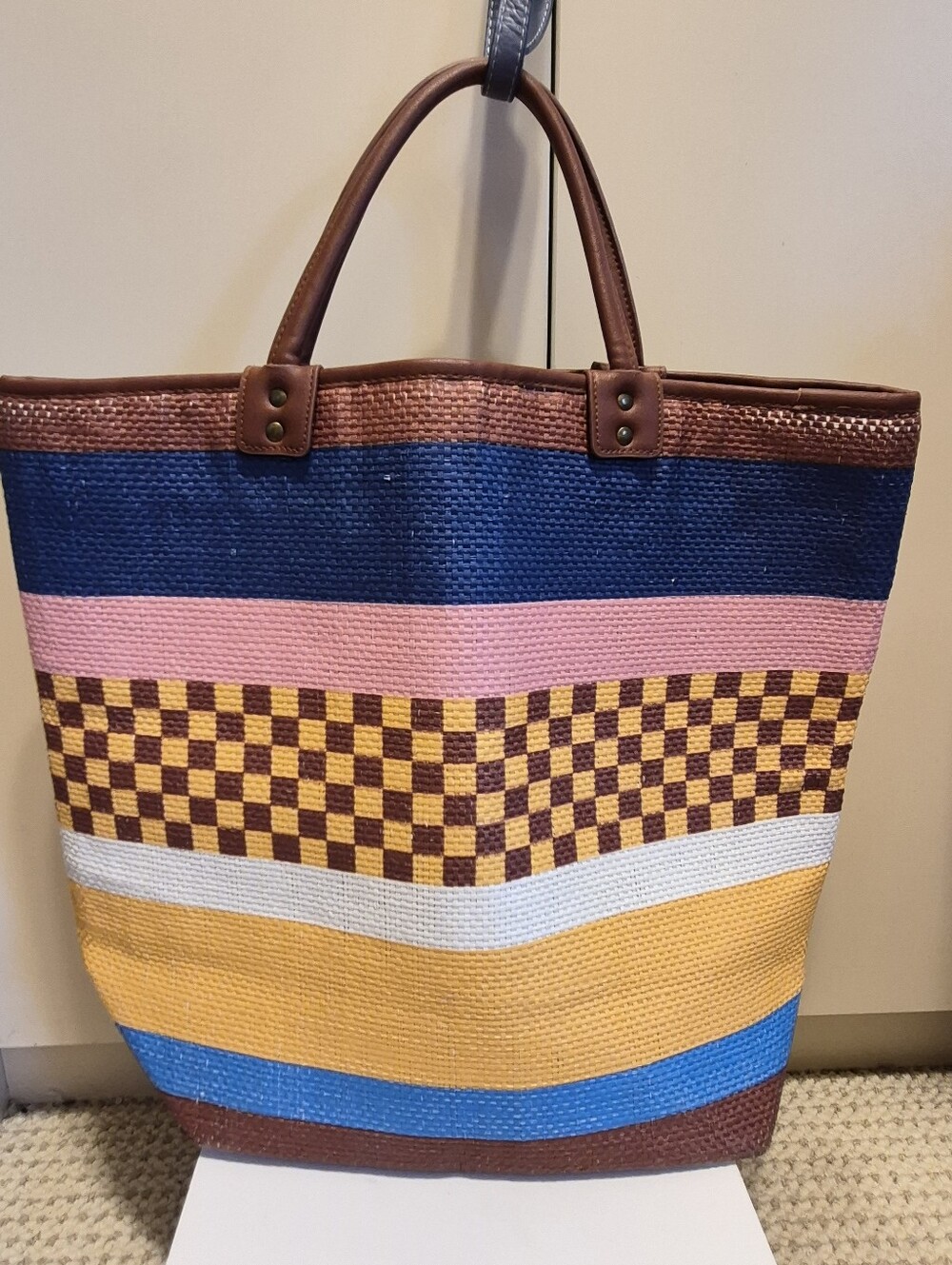 NEW By Anthropologie Multicolor Colorblock Raffia Leather Large Tote Bag $139